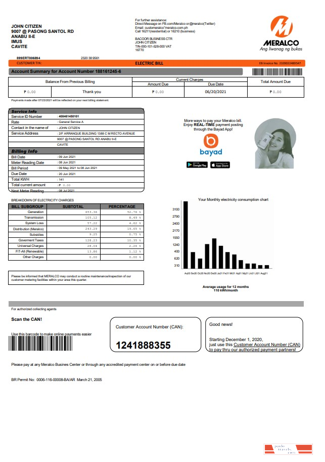 Philippines Meralco electricity utility bill template in Word and PDF format, version 2